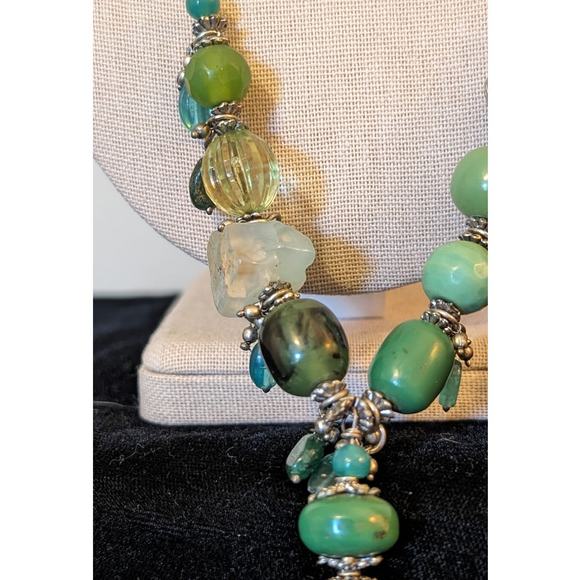 Green Multi-Shape and Color Beaded Silver Tone Tassel Necklace - Picture 6 of 11